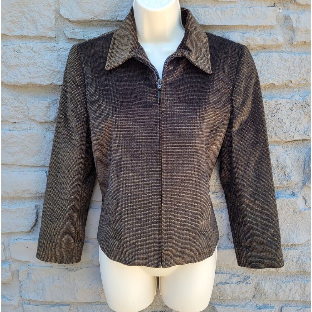 Carlisle Silk & Cotton Textured Shimmer Yellow & Black Full Zip Jacket Size 4